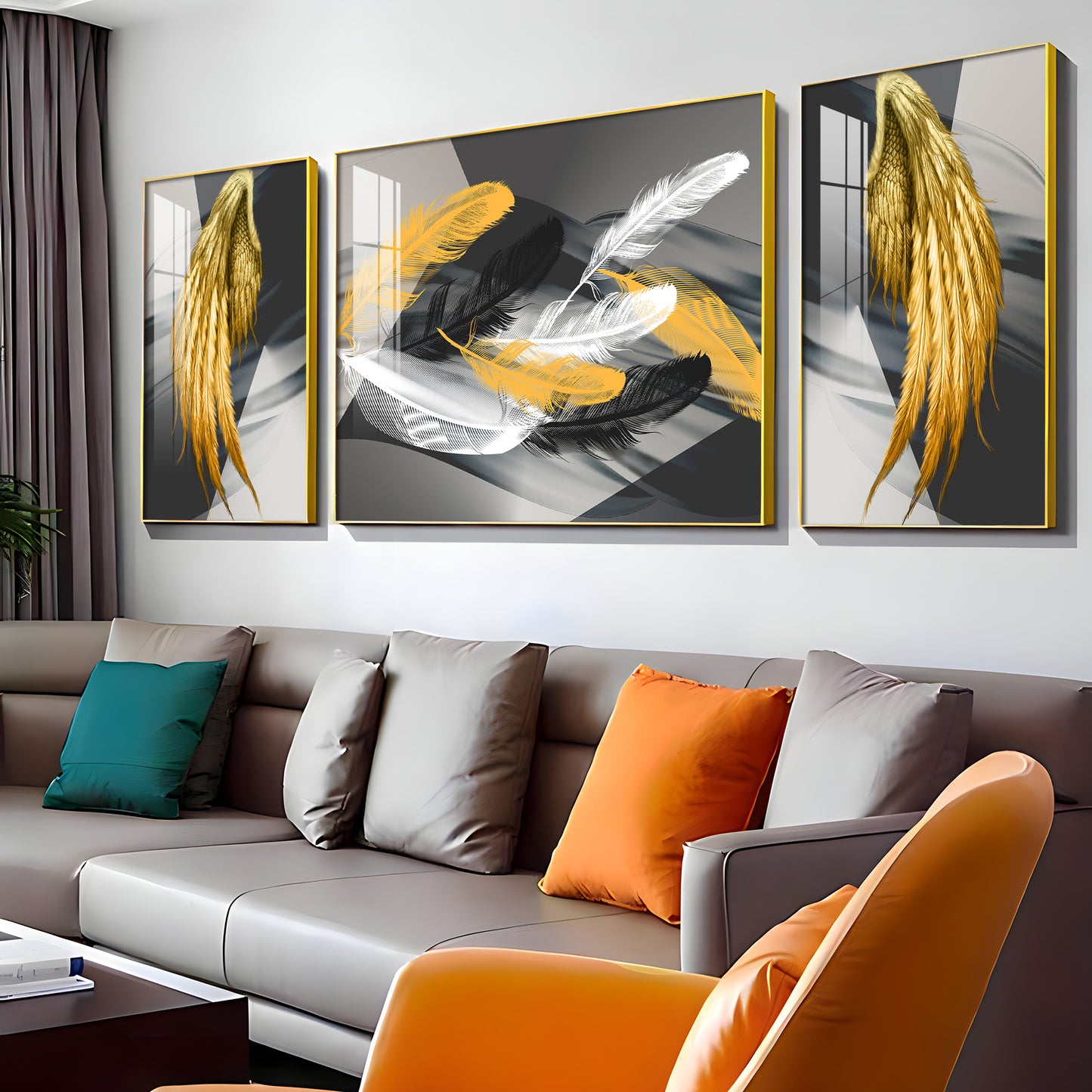 Golden & White Feather Glass Finish Wall Art (Set Of 3)