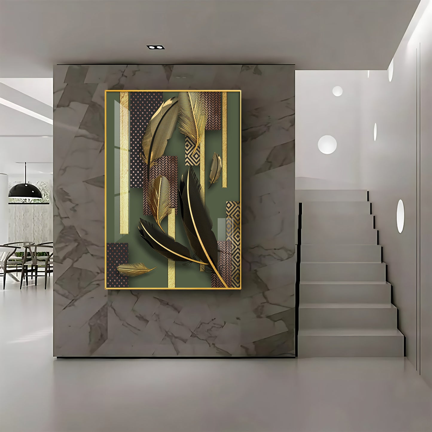 Golden Leaf Elegance Glass Finish Vertical Wall Art