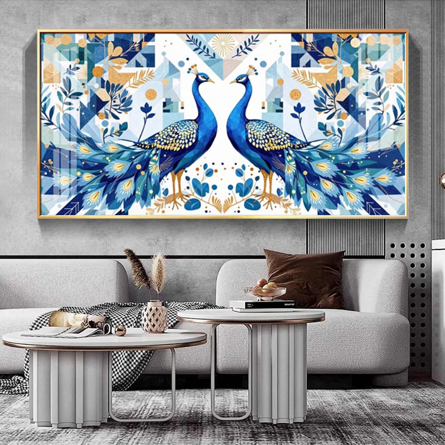 Two Peacock Looking Each Other Glass Finish Horizontal Wall Art