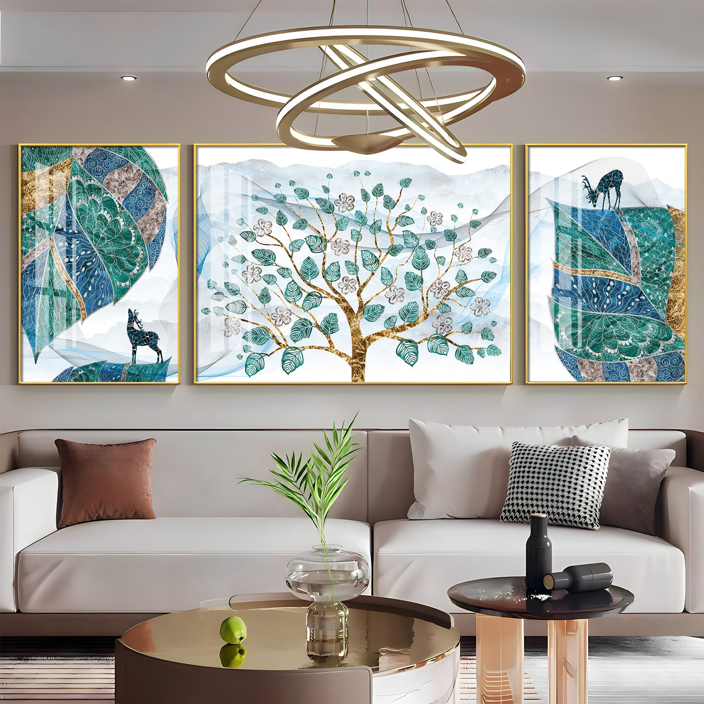 Deer & Tree Elegance Glass Finish Wall Art (Set Of 3)