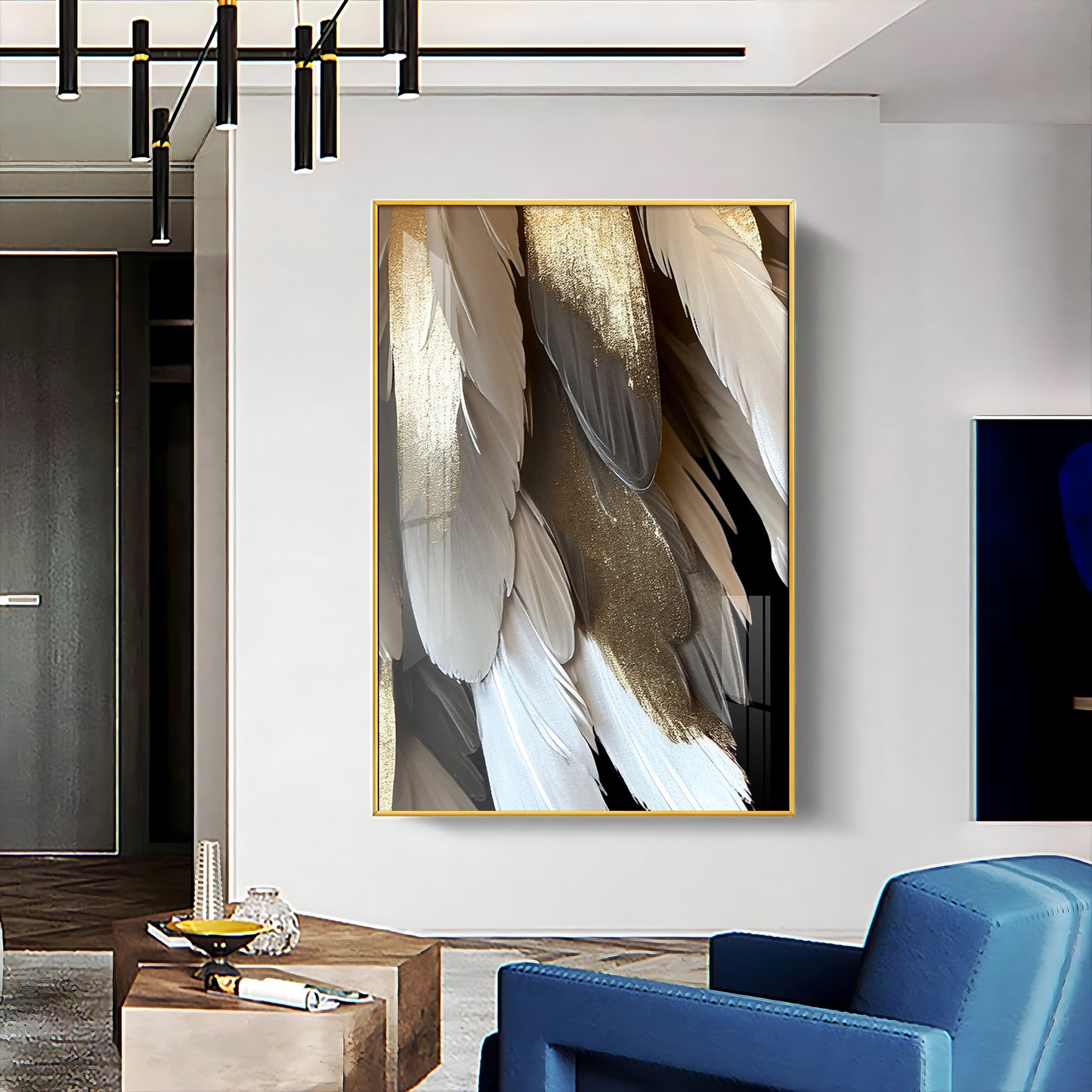 Golden Whisper Elegance Glass Finish Vertical Wall Art