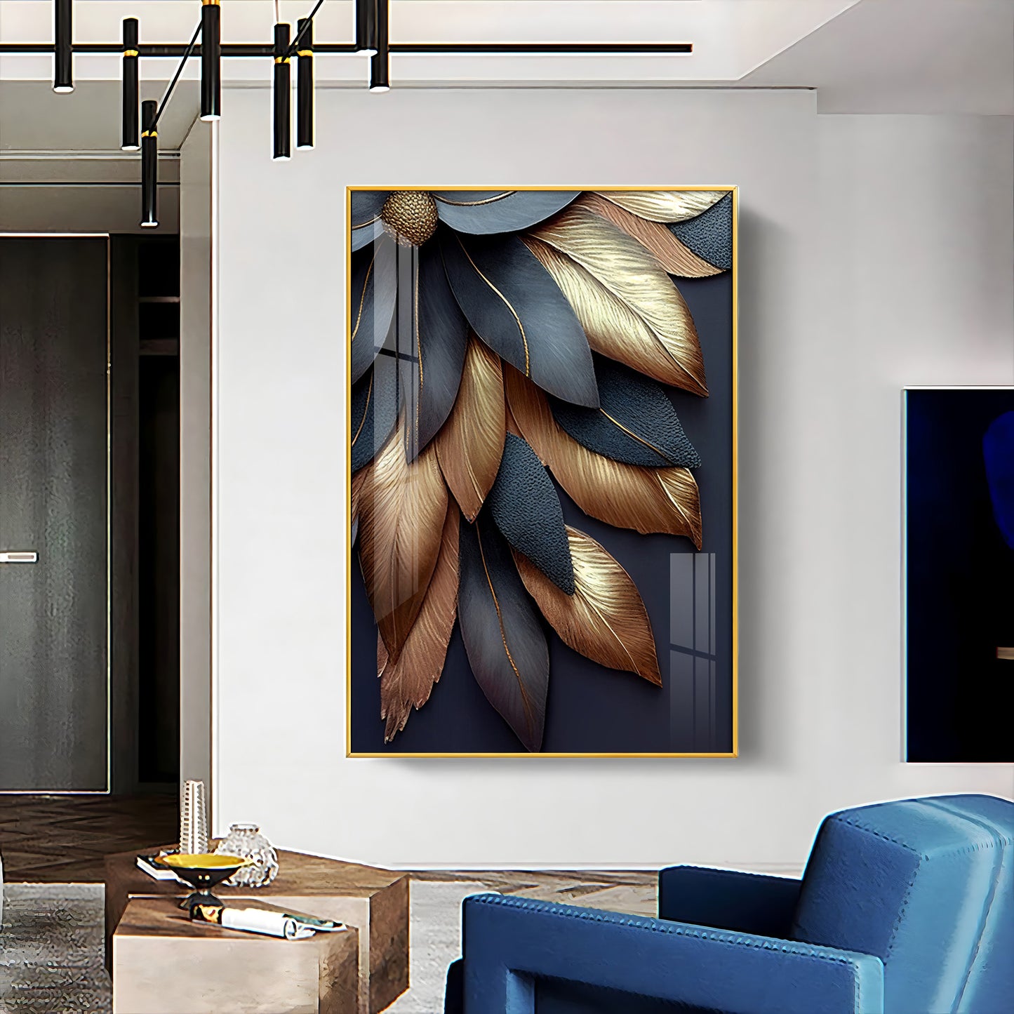Golden Petal Elegance Glass Finish Vertical Wall Art