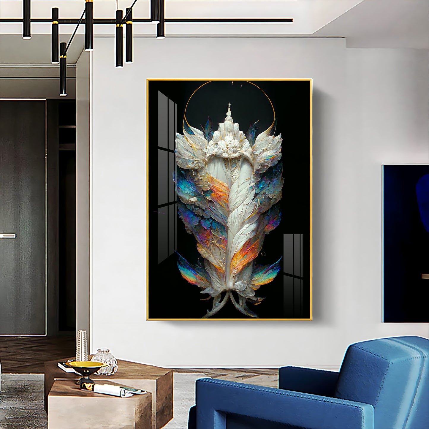 Celestial Feather Glass Finish Vertical Wall Art