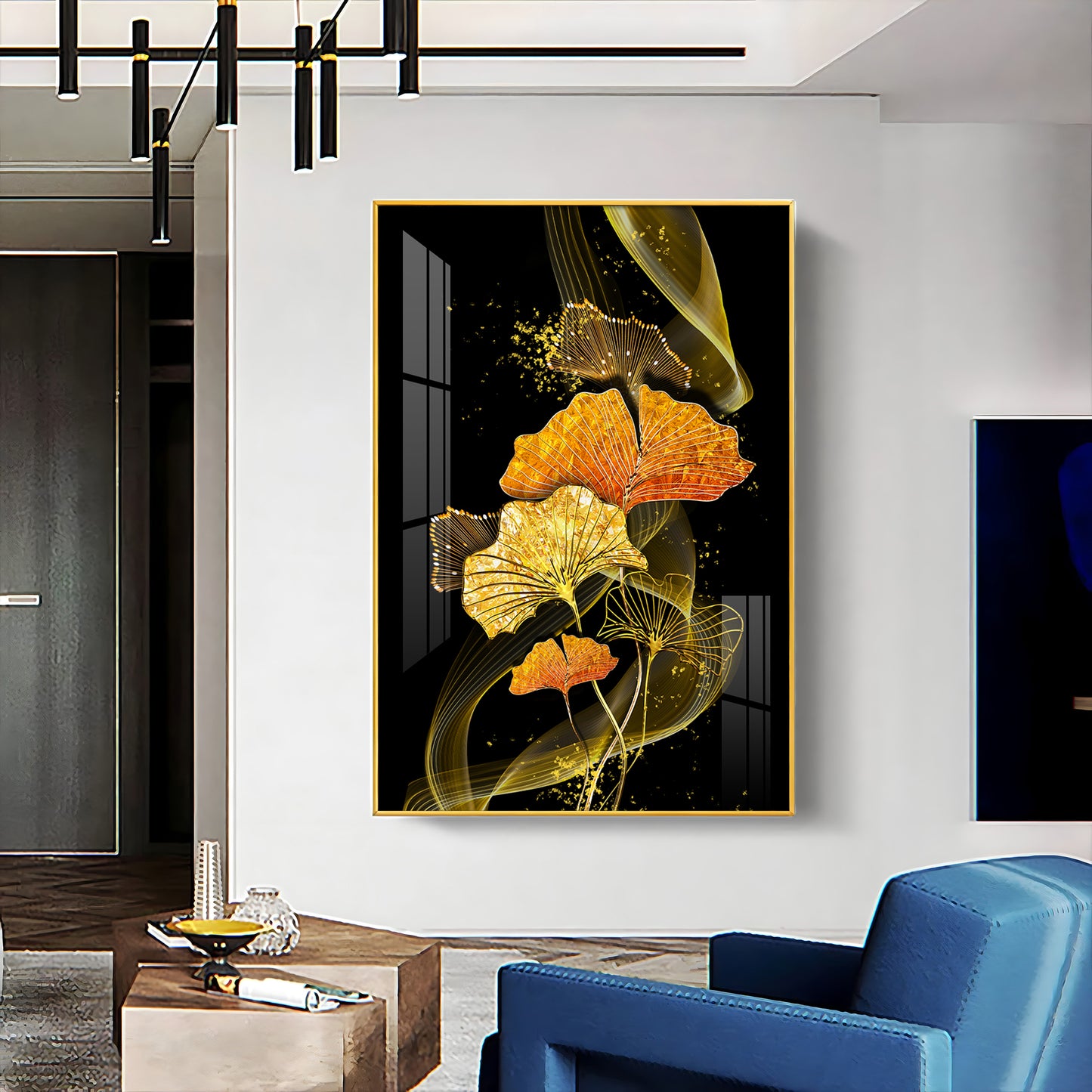 Golden Elegance Bloom Glass Finish Vertical Wall Art
