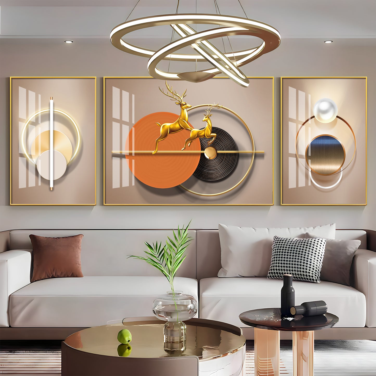 Golden Dancing Deer Glass Finish Wall Art (Set Of 3)