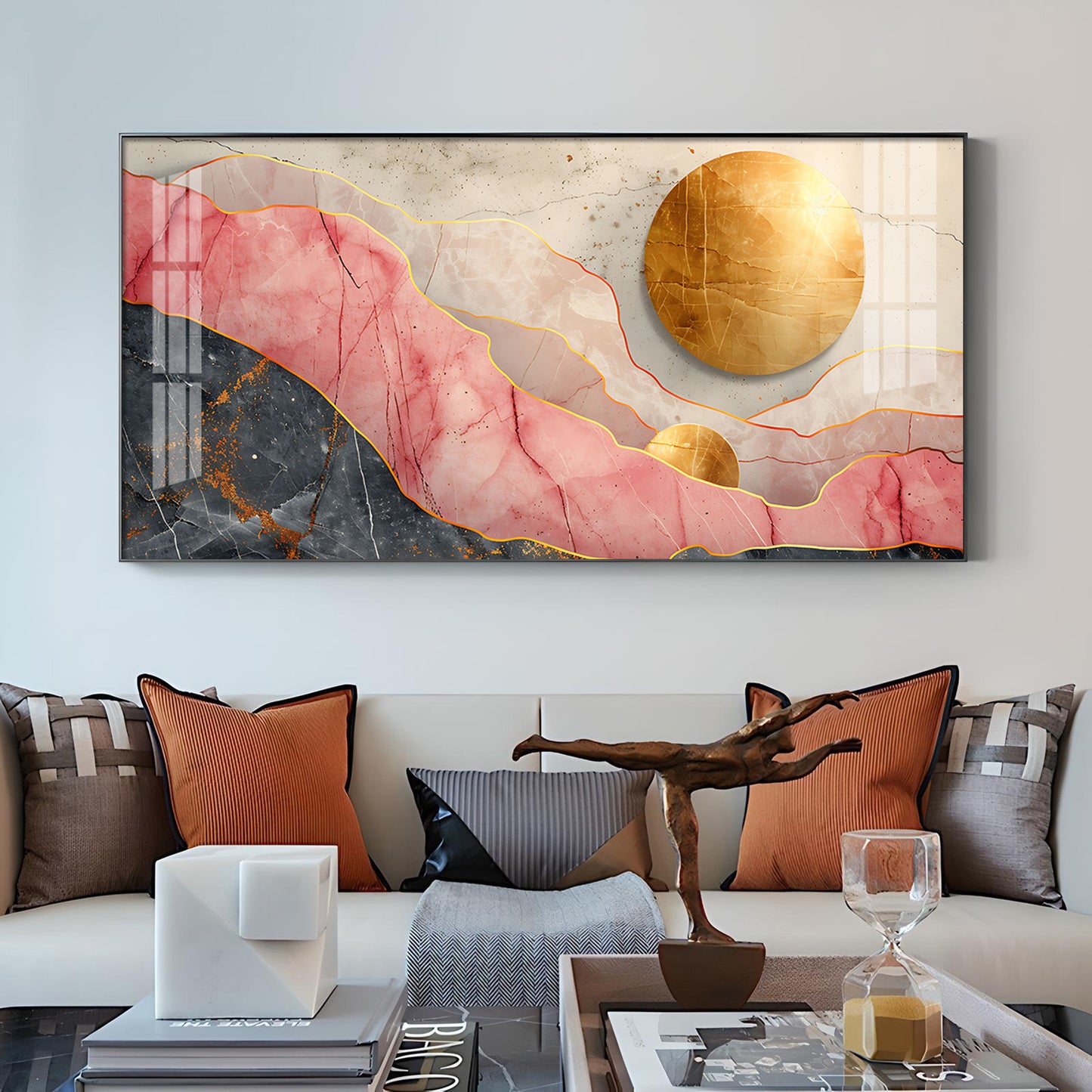 Pink and Gold Marble Stone Texture Glass Finish Horizontal Wall Art