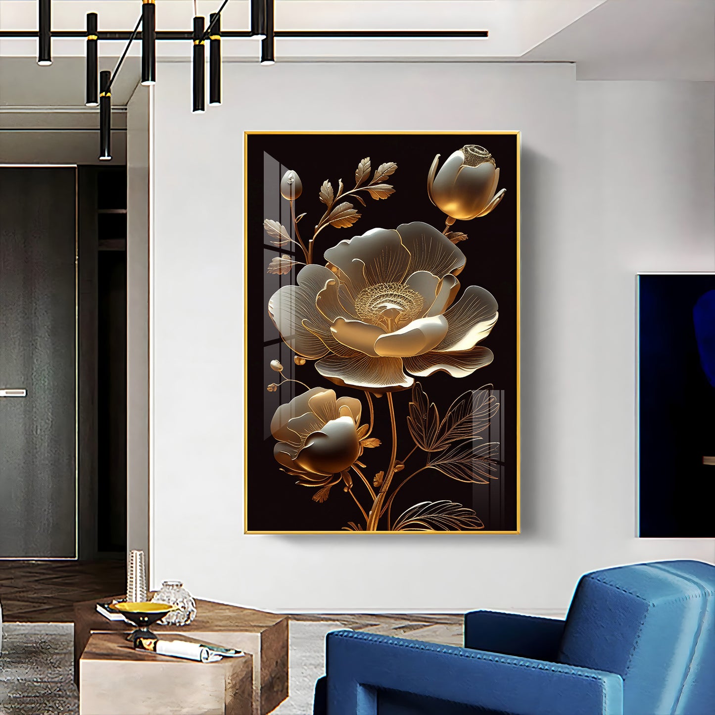 Midnight Floral Symphony Glass Finish Vertical Wall Art