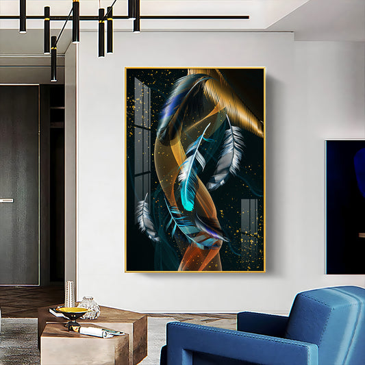 Feathered Whispers Glass Finish Vertical Wall Art