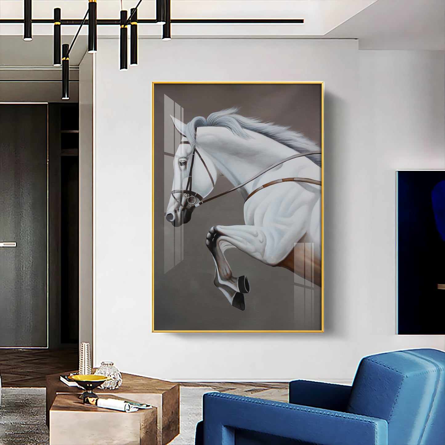 Black & Gold Harmony Horse Glass Finish Vertical Wall Art