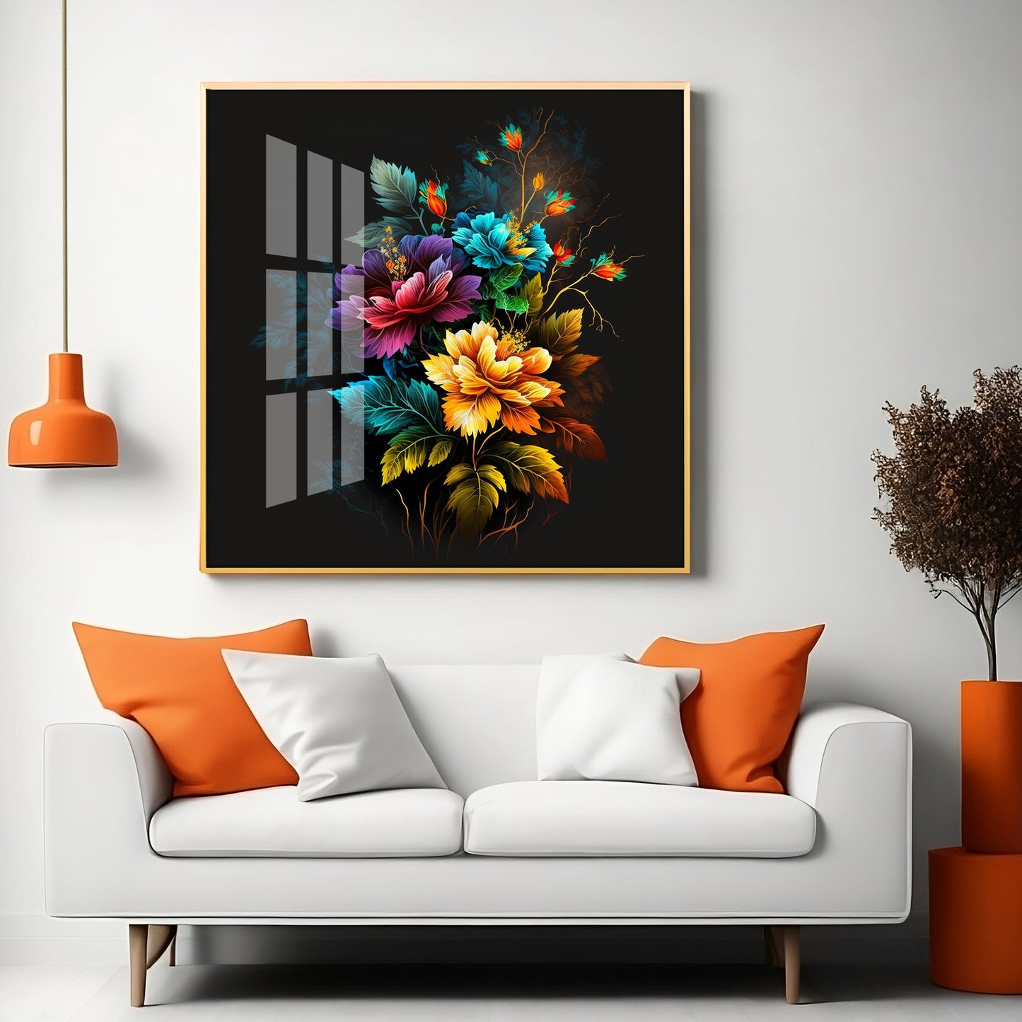 Dark Floral Symphony Glass Finish Square Wall Art