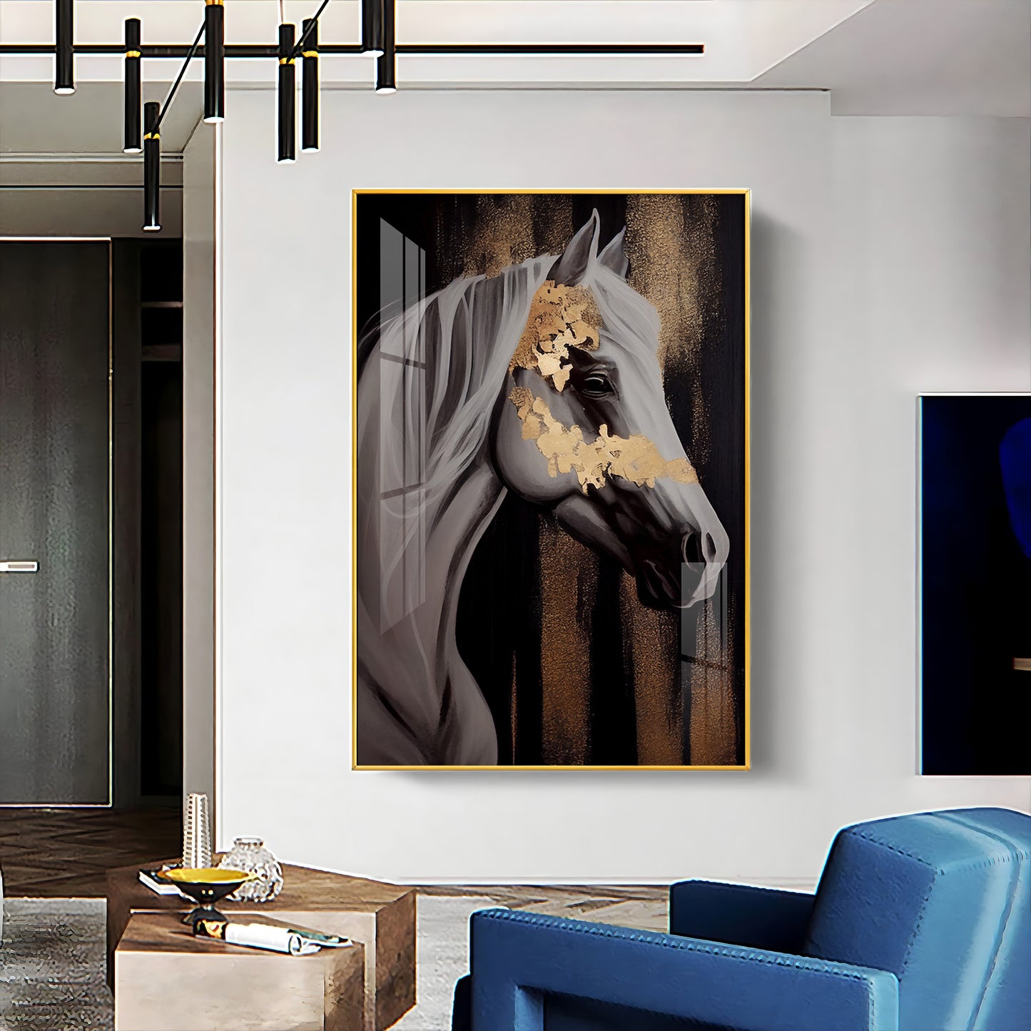 Whispers of Gold Horse Glass Finish Vertical Wall Art