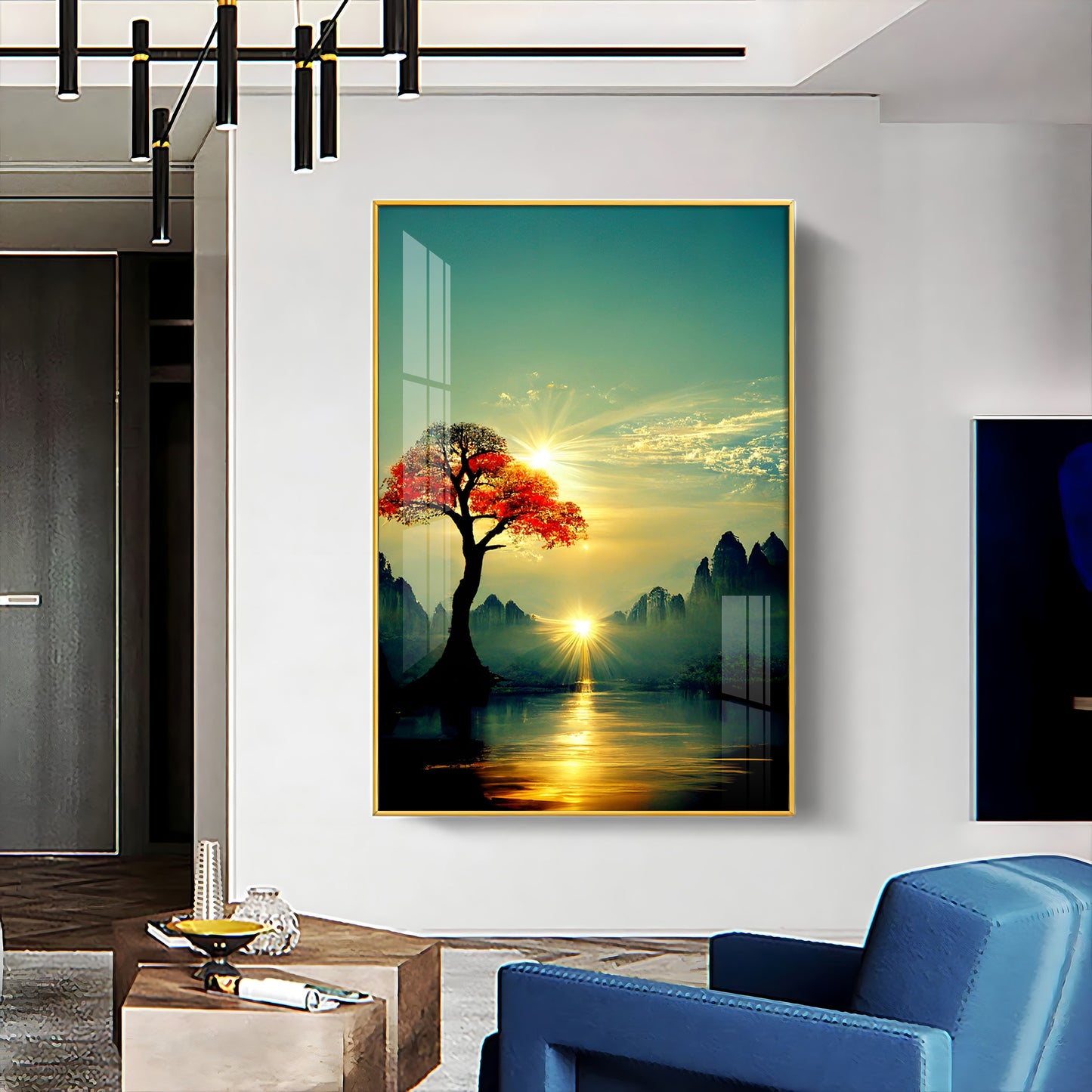 Golden Vista Glass Finish Vertical Wall Art