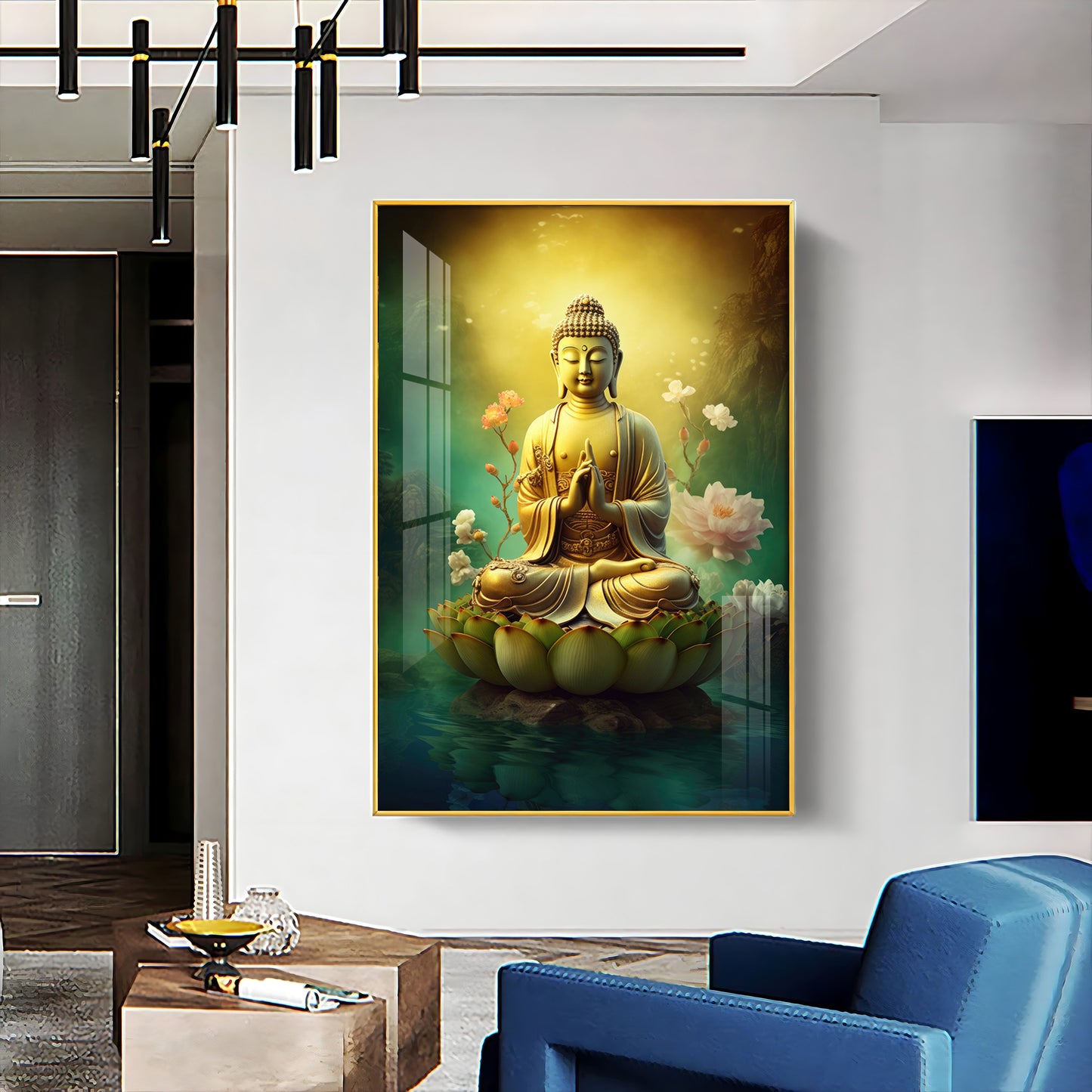 Buddha Lotus Harmony Glass Finish Vertical Wall Art