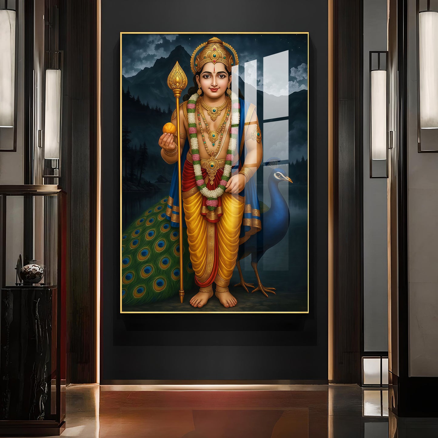 Lord Kartikeya Glass Finish Vertical Wall Art