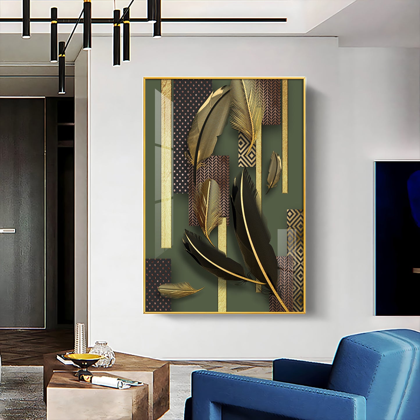 Golden Leaf Elegance Glass Finish Vertical Wall Art
