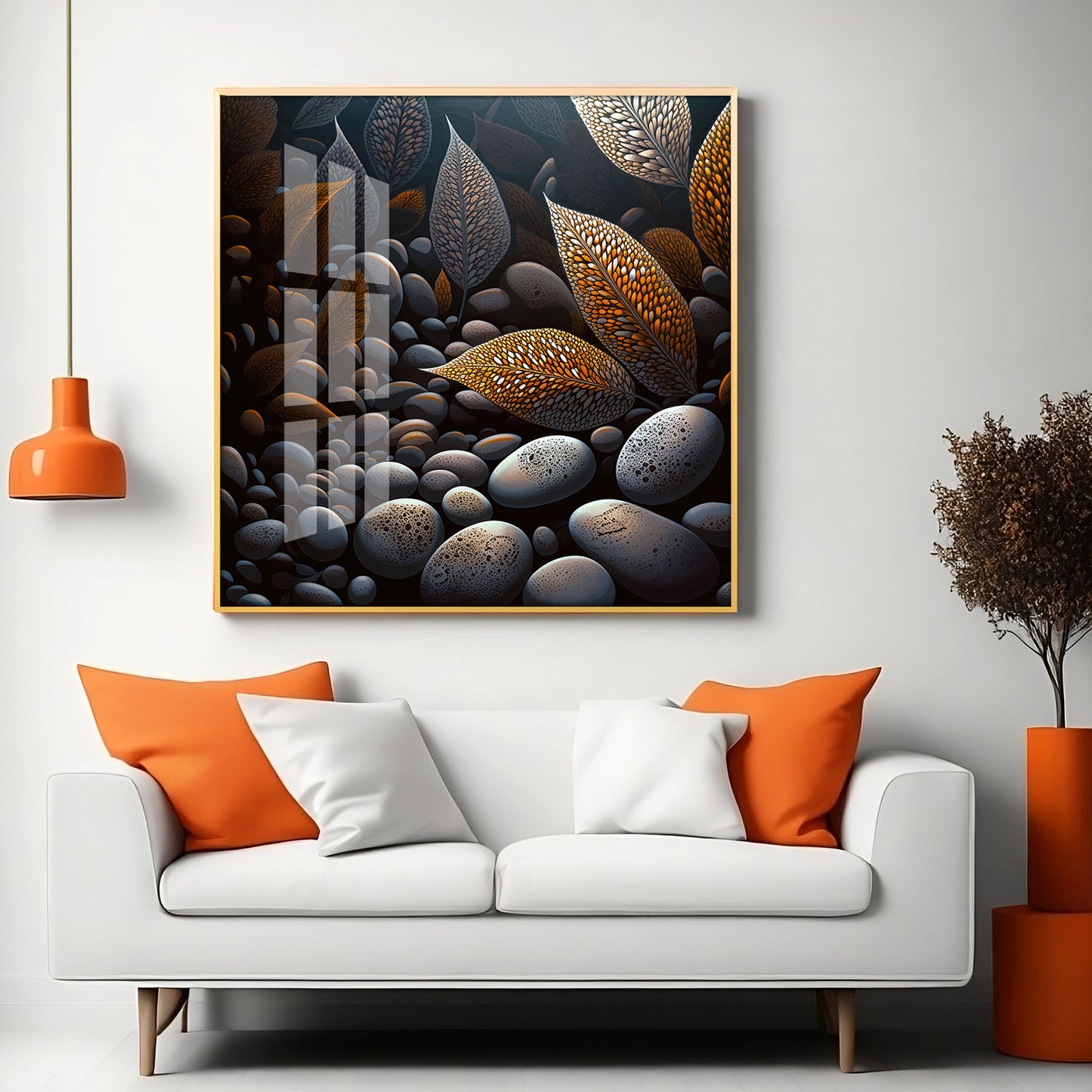 Leaves and Stones Glass Finish Square Wall Art