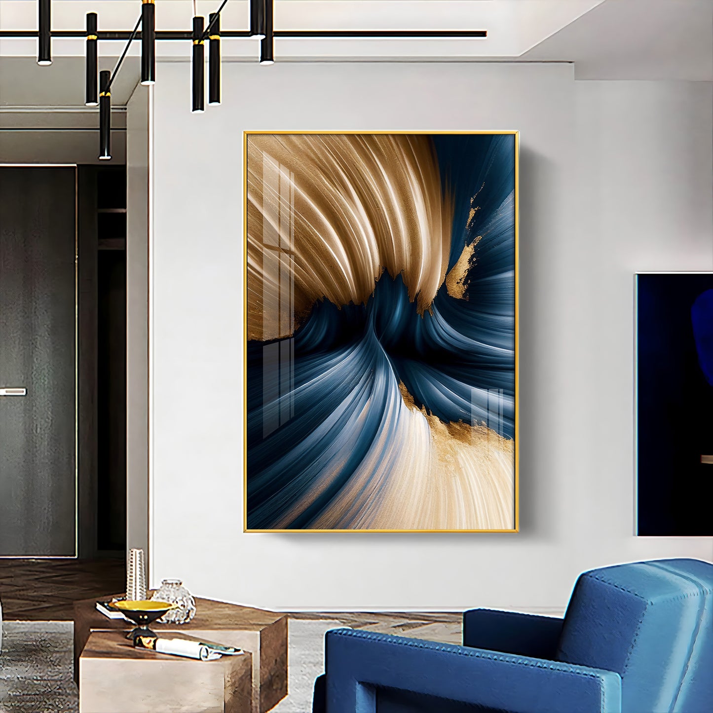 Golden Wave Serenity Glass Finish Vertical Wall Art