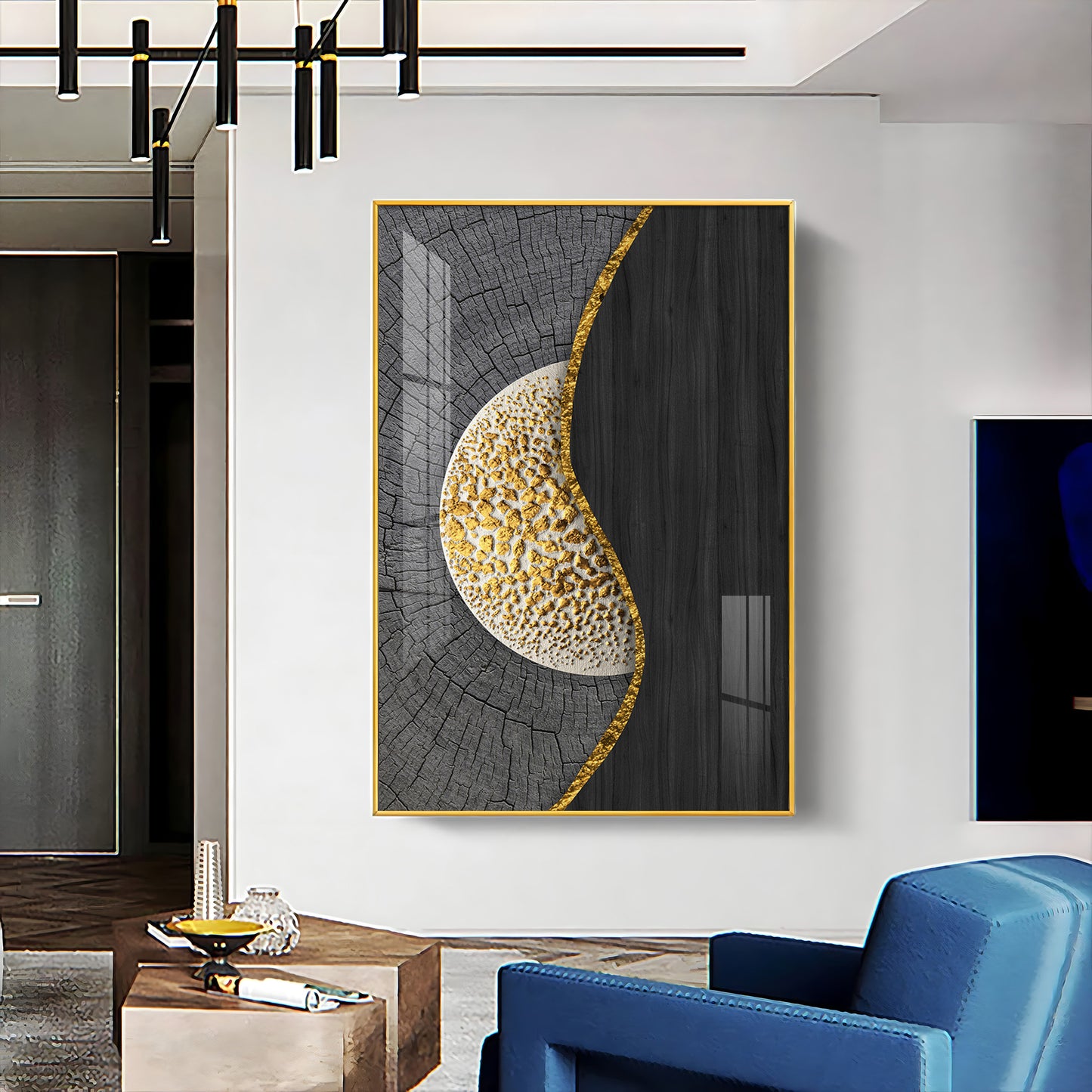 Golden Harmony Glass Finish Vertical Wall Art