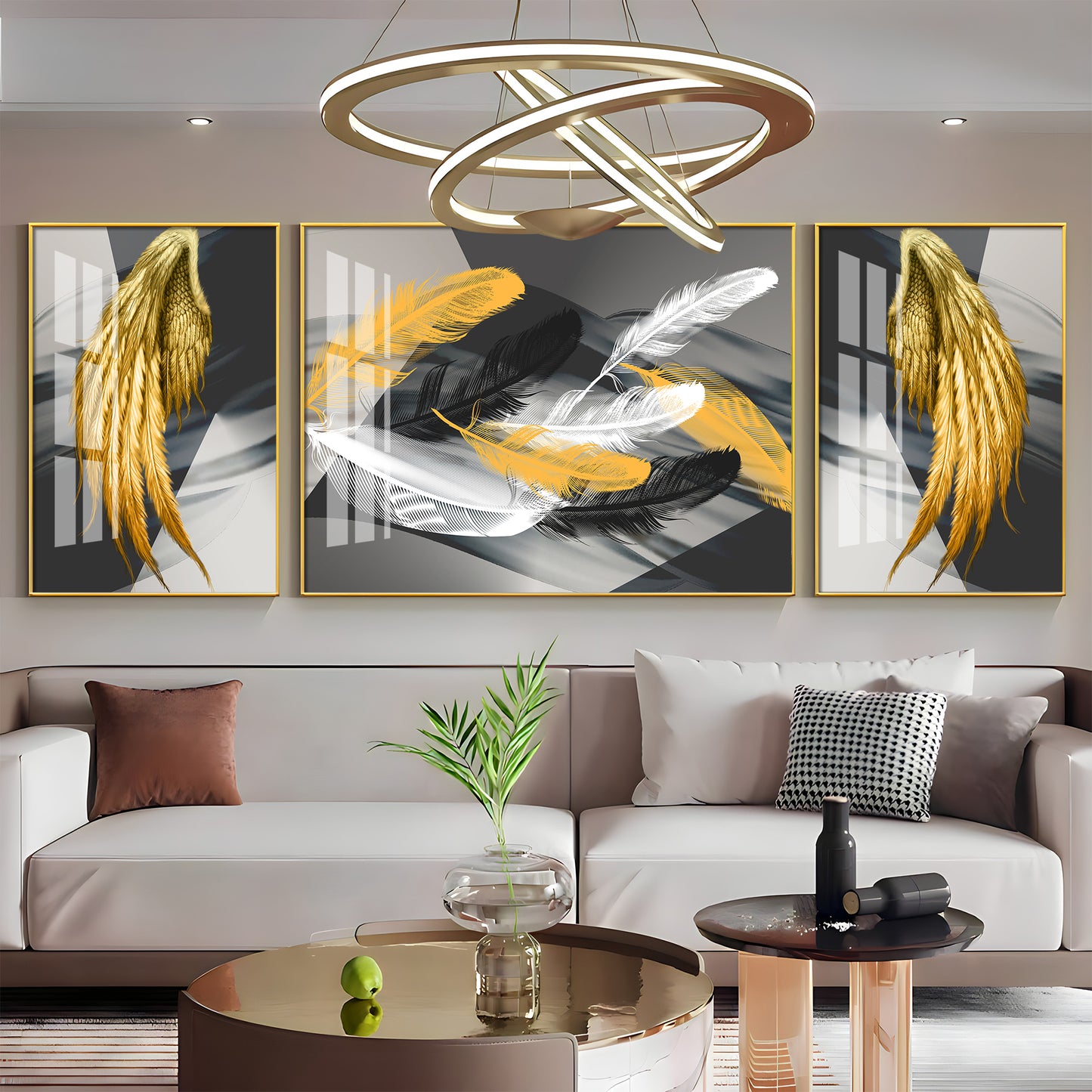 Golden & White Feather Glass Finish Wall Art (Set Of 3)