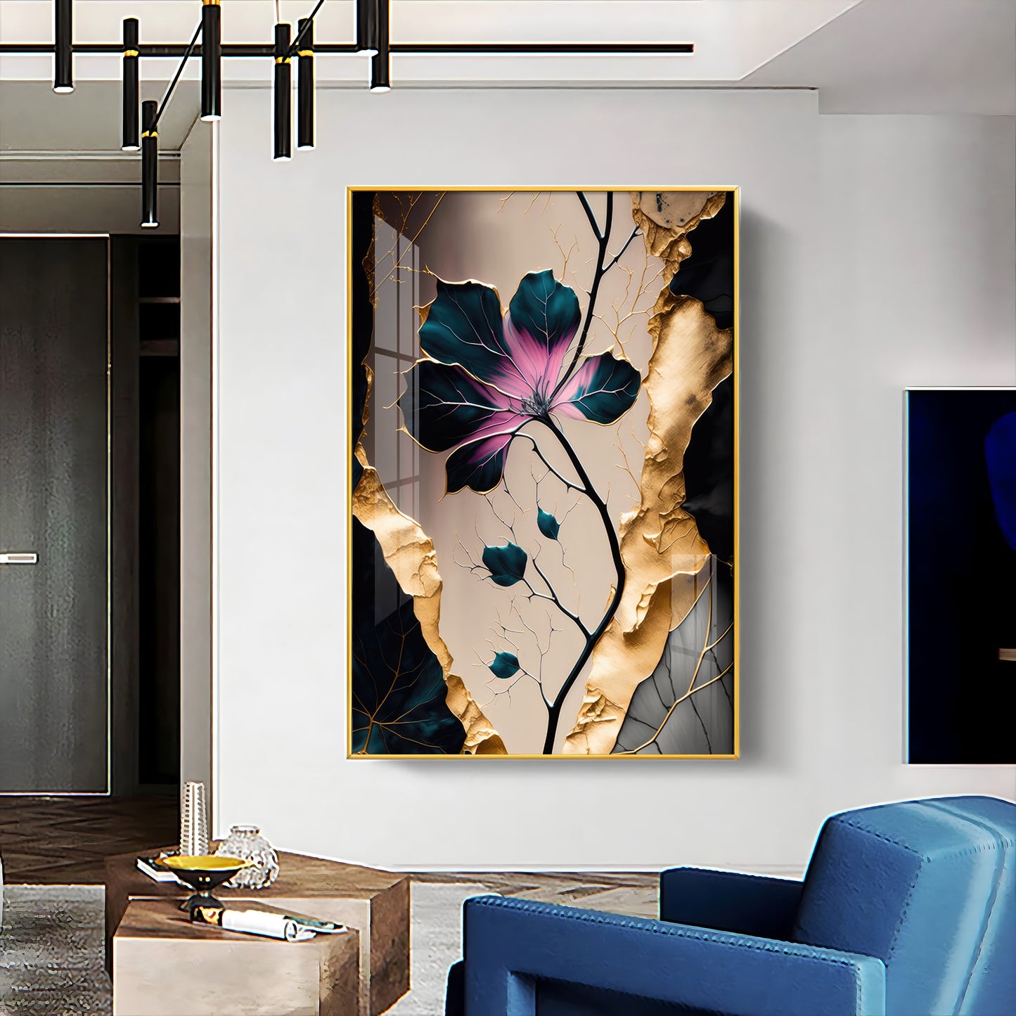 Noir Blossom Majesty Glass Finish Vertical Wall Art