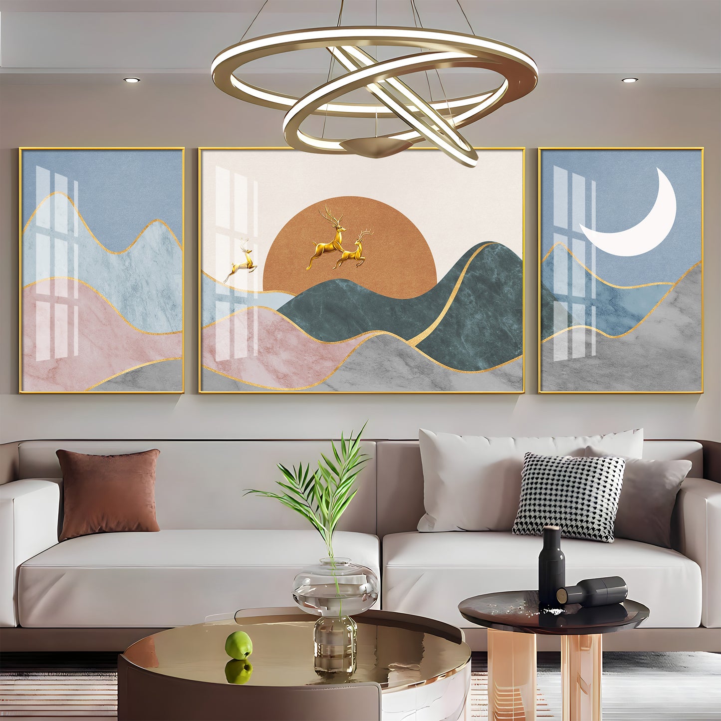 Deer In Mountain Glass Finish Wall Art (Set Of 3)