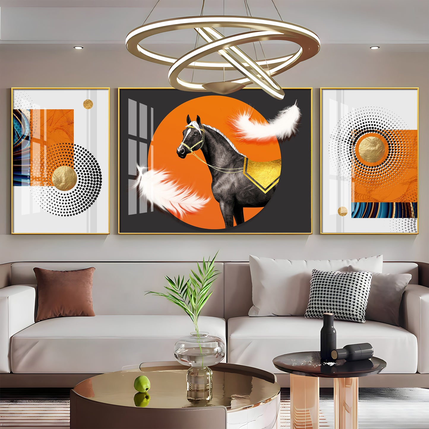 Horse & Feather Glass Finish Wall Art (Set Of 3)