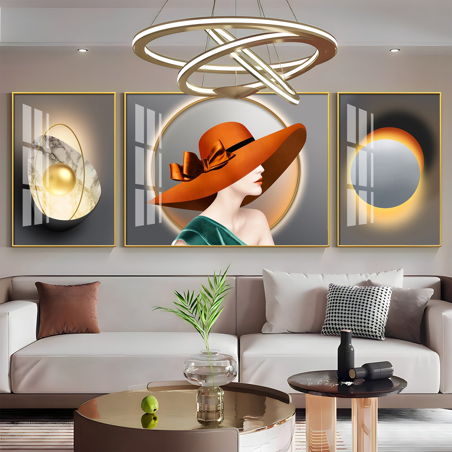 Girl With Orange Hat Glass Finish Wall Art (Set Of 3)