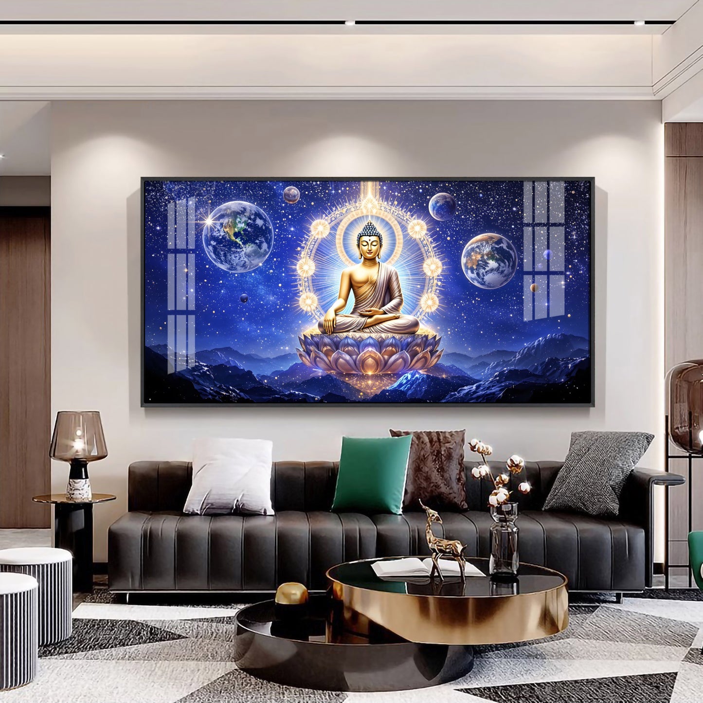 Illuminated Neon Buddha Glass Finish Horizontal Wall Art