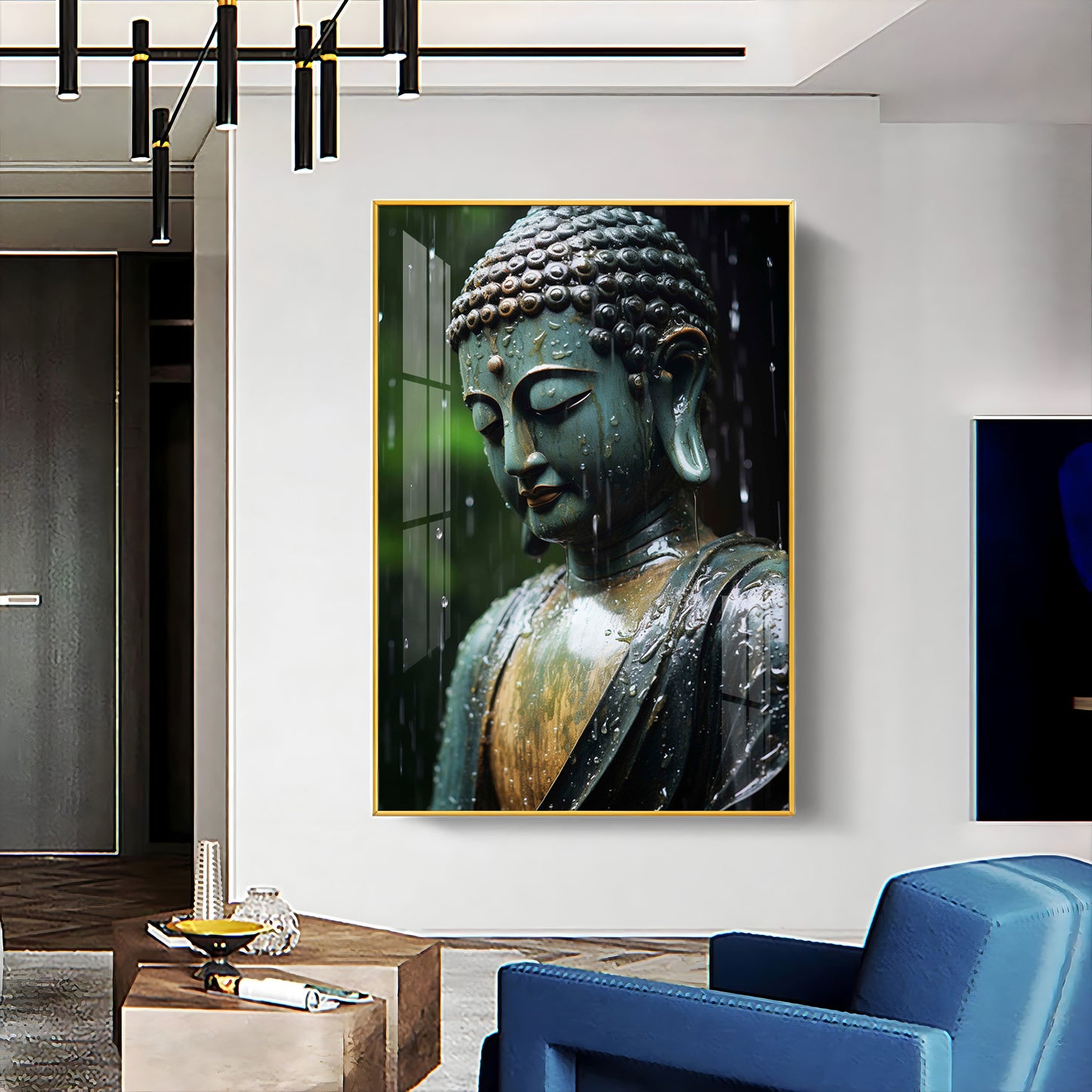 Buddha's Tranquil Embrace Glass Finish Vertical Wall Art