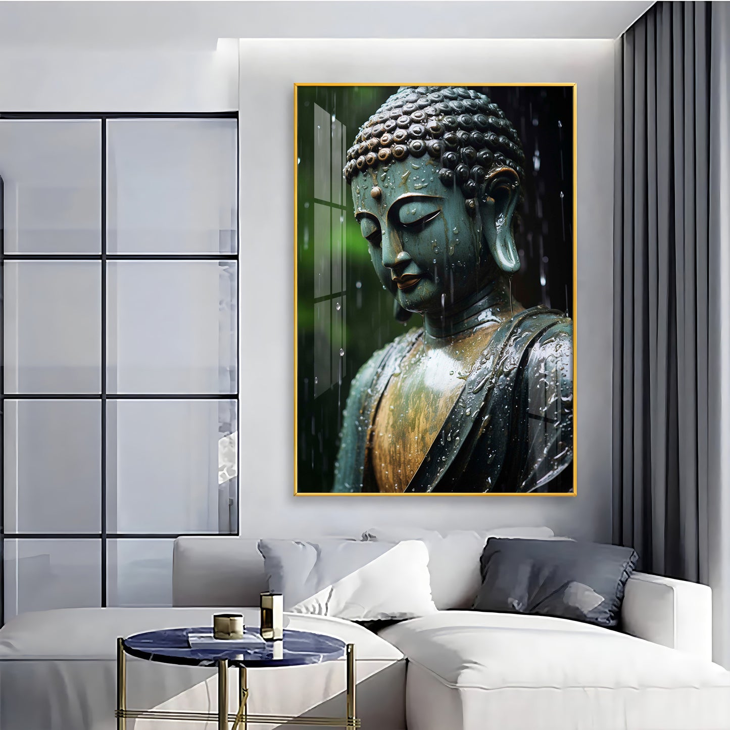 Buddha's Tranquil Embrace Glass Finish Vertical Wall Art