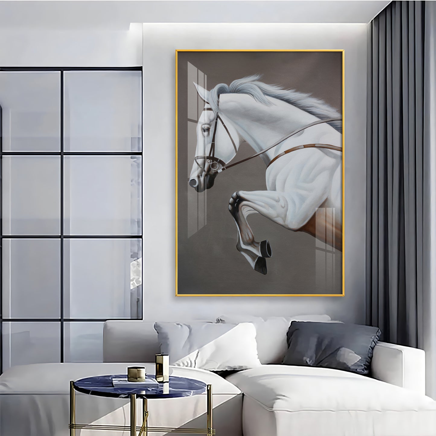 Black & Gold Harmony Horse Glass Finish Vertical Wall Art