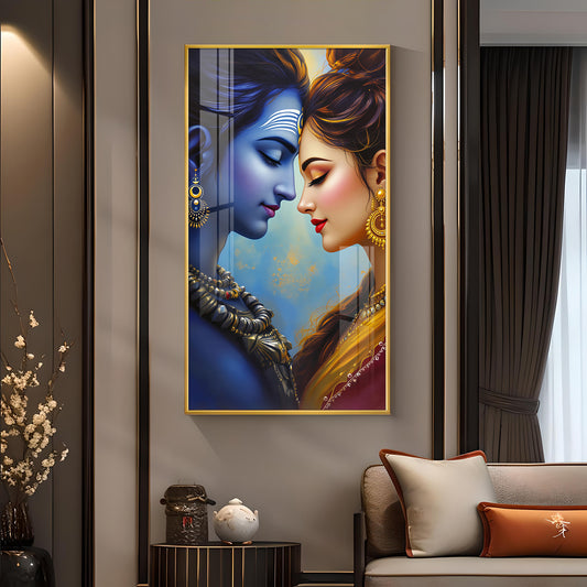 Lord Shiva and Goddess Parvati Glass Finish Vertical Wall Art