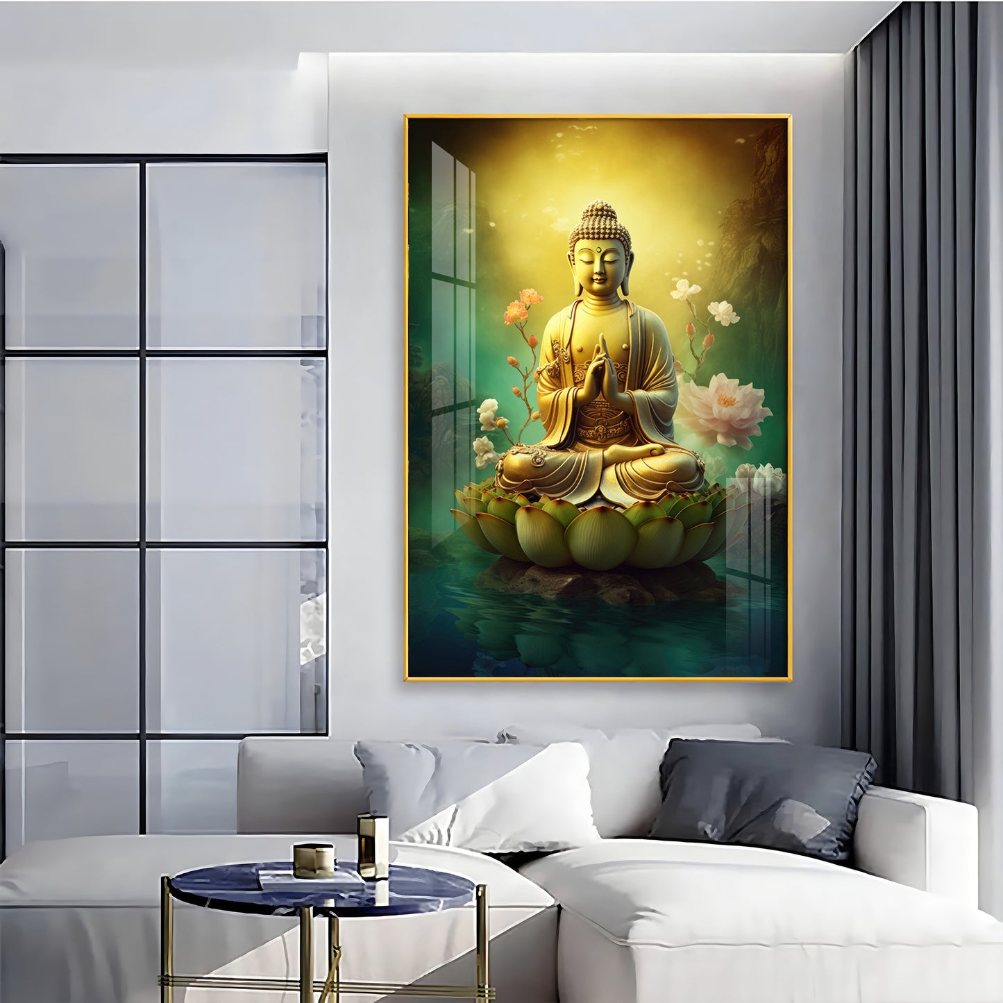 Buddha Lotus Harmony Glass Finish Vertical Wall Art