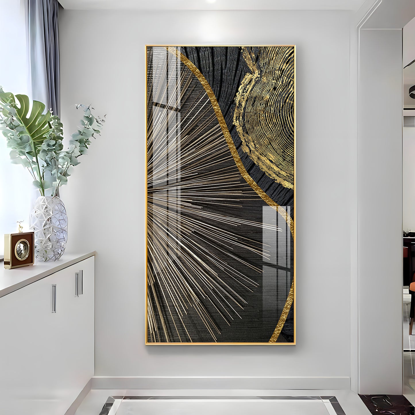 Golden Abyss Glass Finish Vertical Wall Art