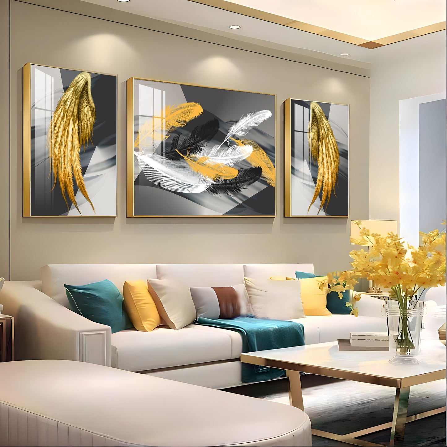 Golden & White Feather Glass Finish Wall Art (Set Of 3)
