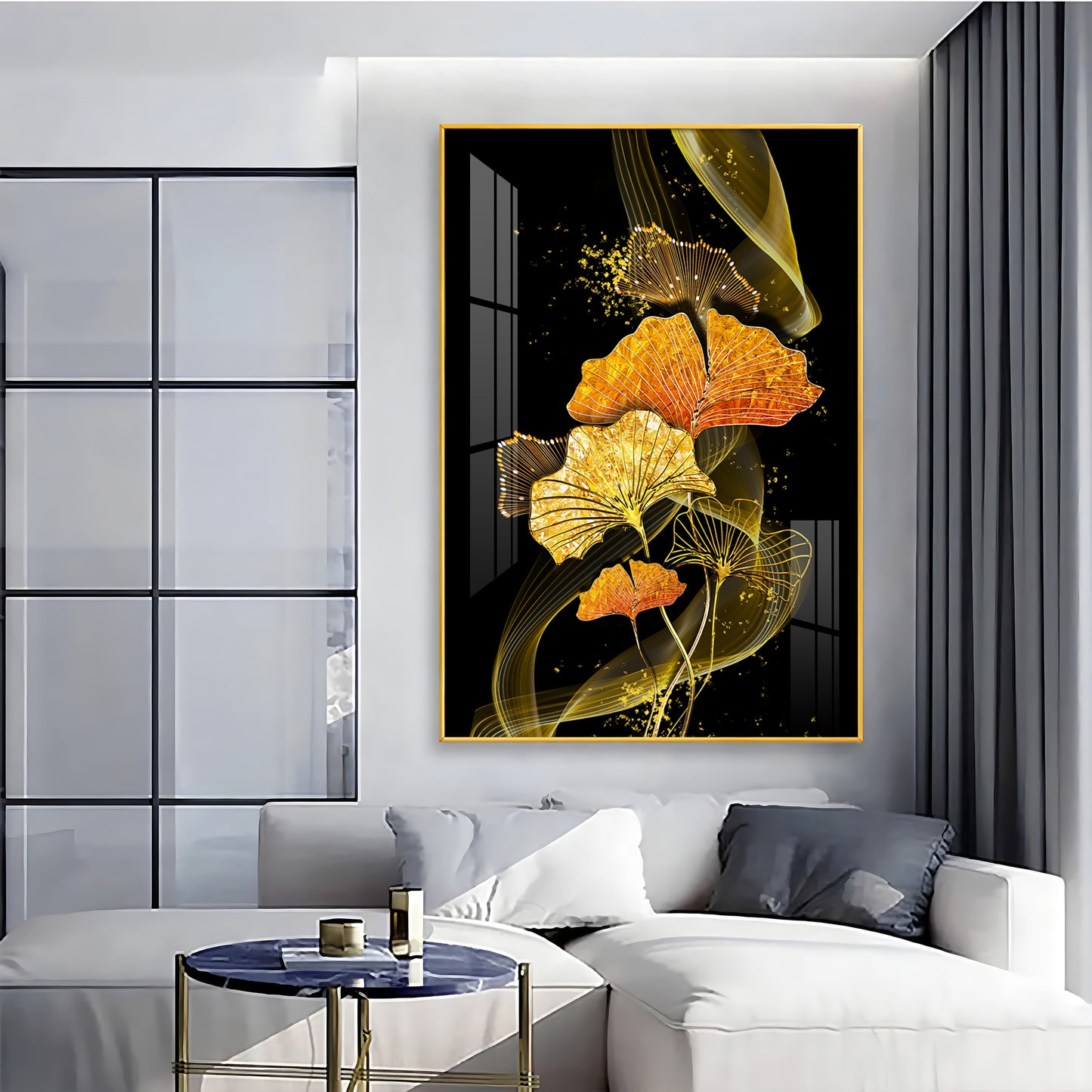 Golden Elegance Bloom Glass Finish Vertical Wall Art