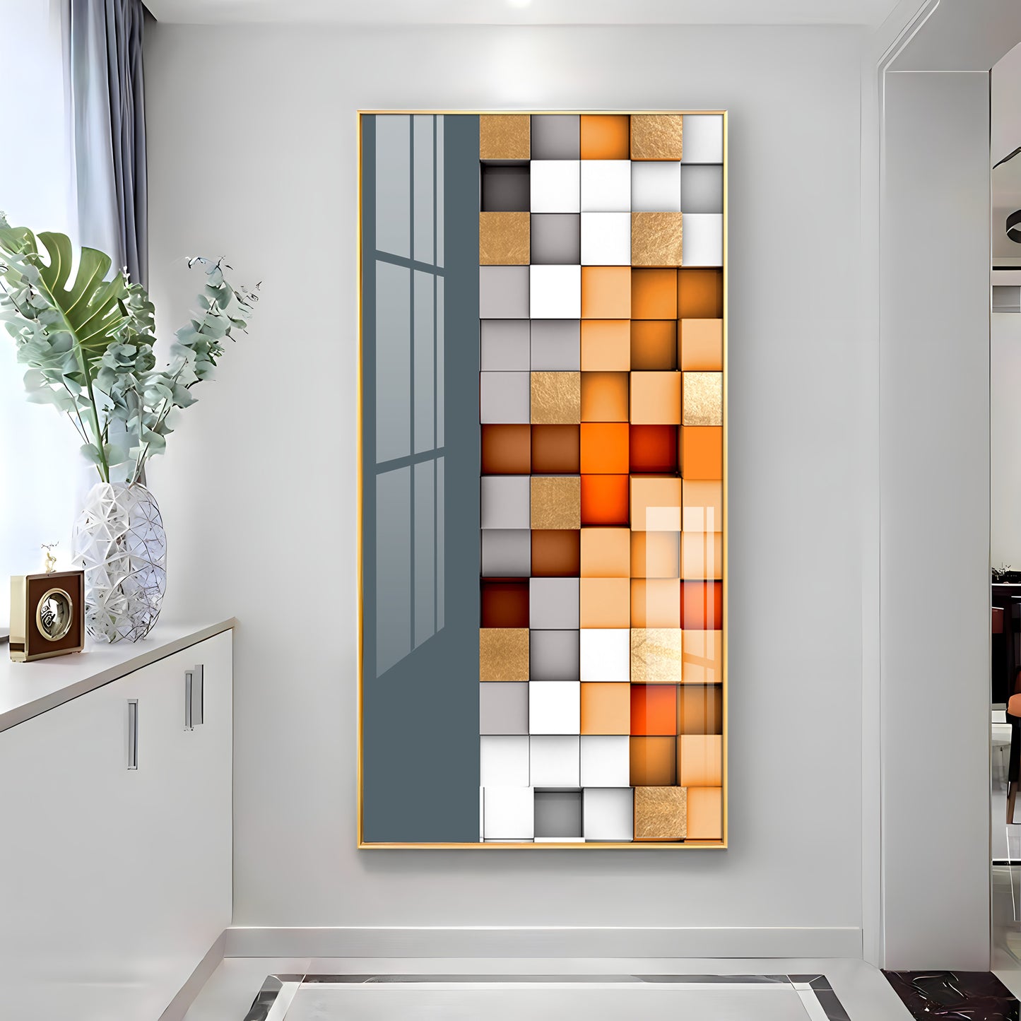 Multiple Abstract Blocks Glass Finish Vertical Wall Art