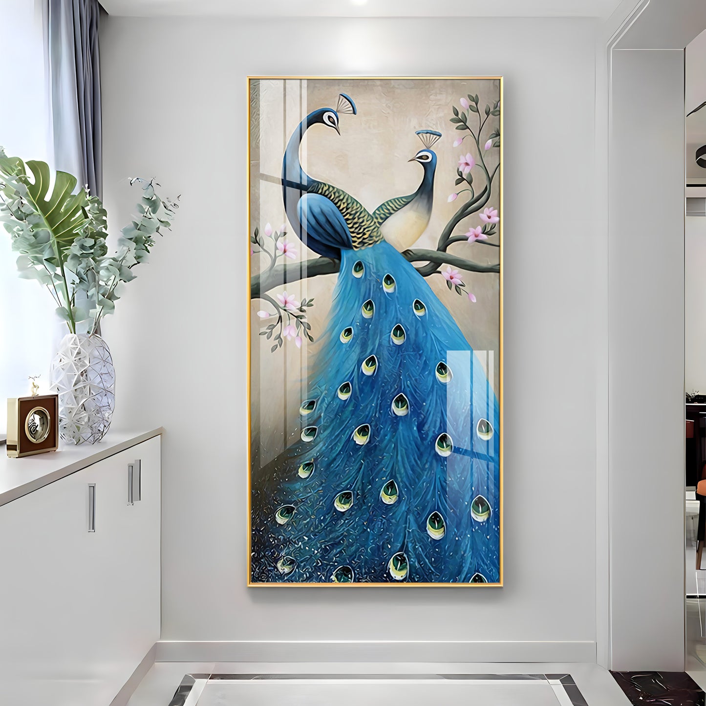 Dual Peacock Serenity Glass Finish Vertical Wall Art