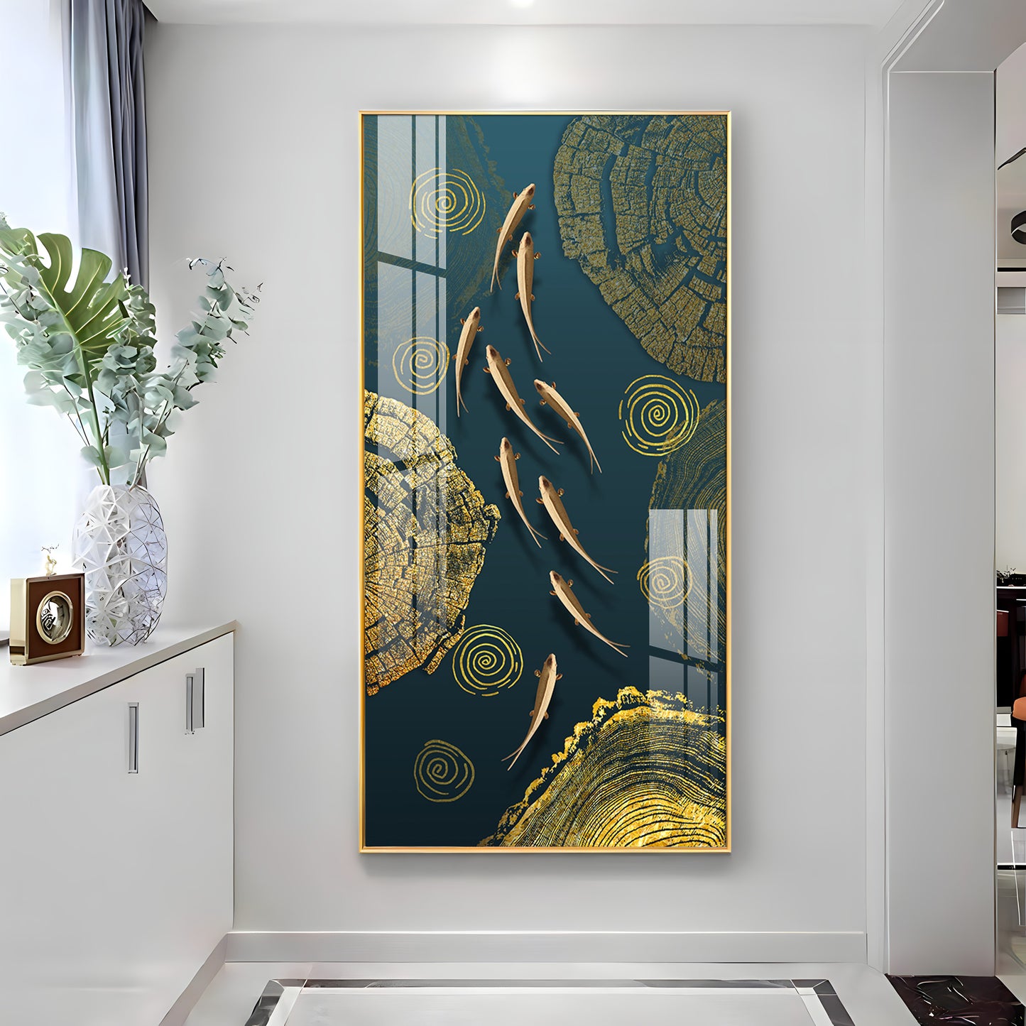 Green Koi Fishes Glass Finish Vertical Wall Art