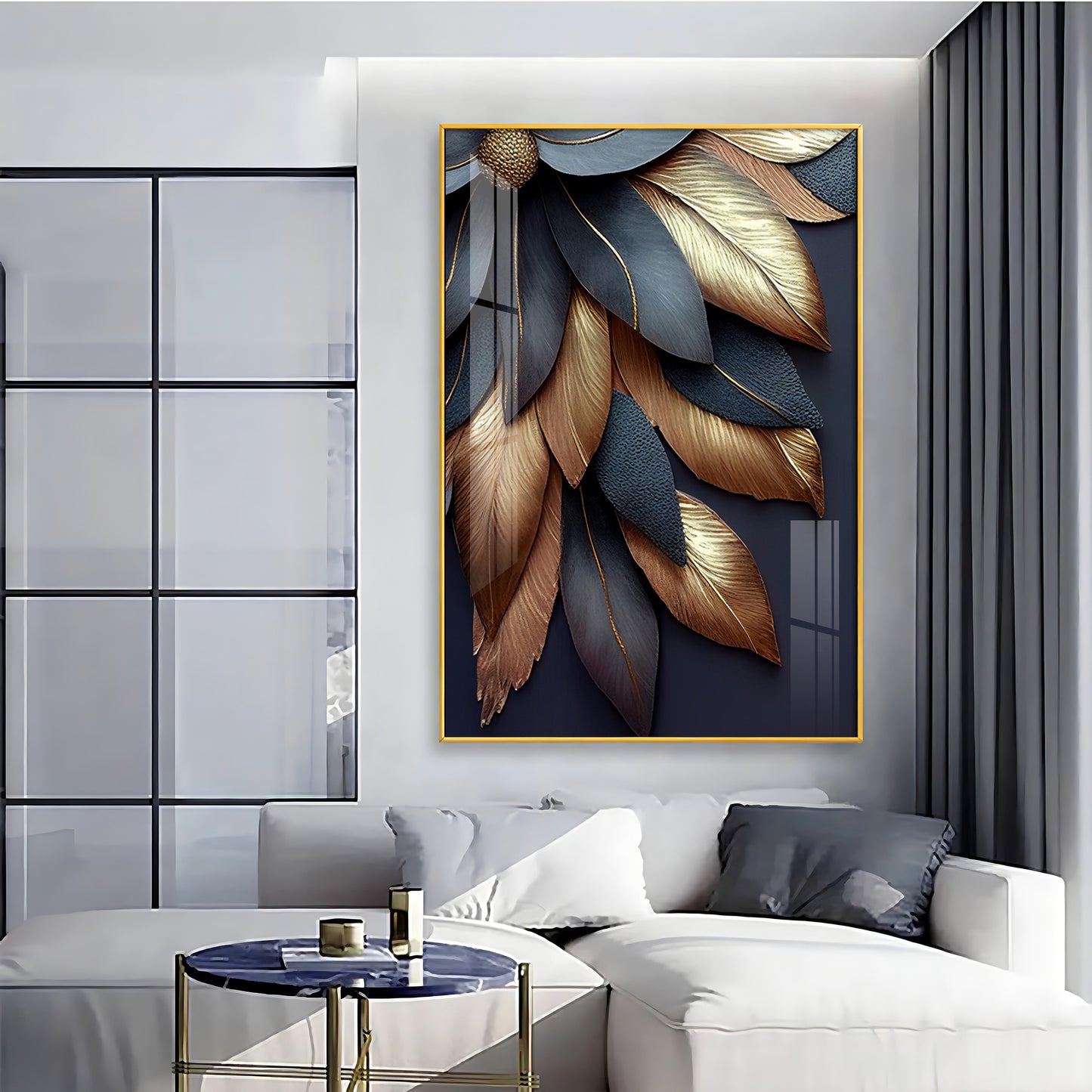 Golden Petal Elegance Glass Finish Vertical Wall Art