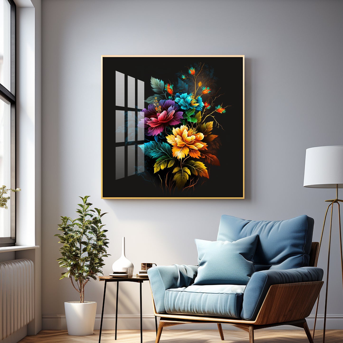 Dark Floral Symphony Glass Finish Square Wall Art