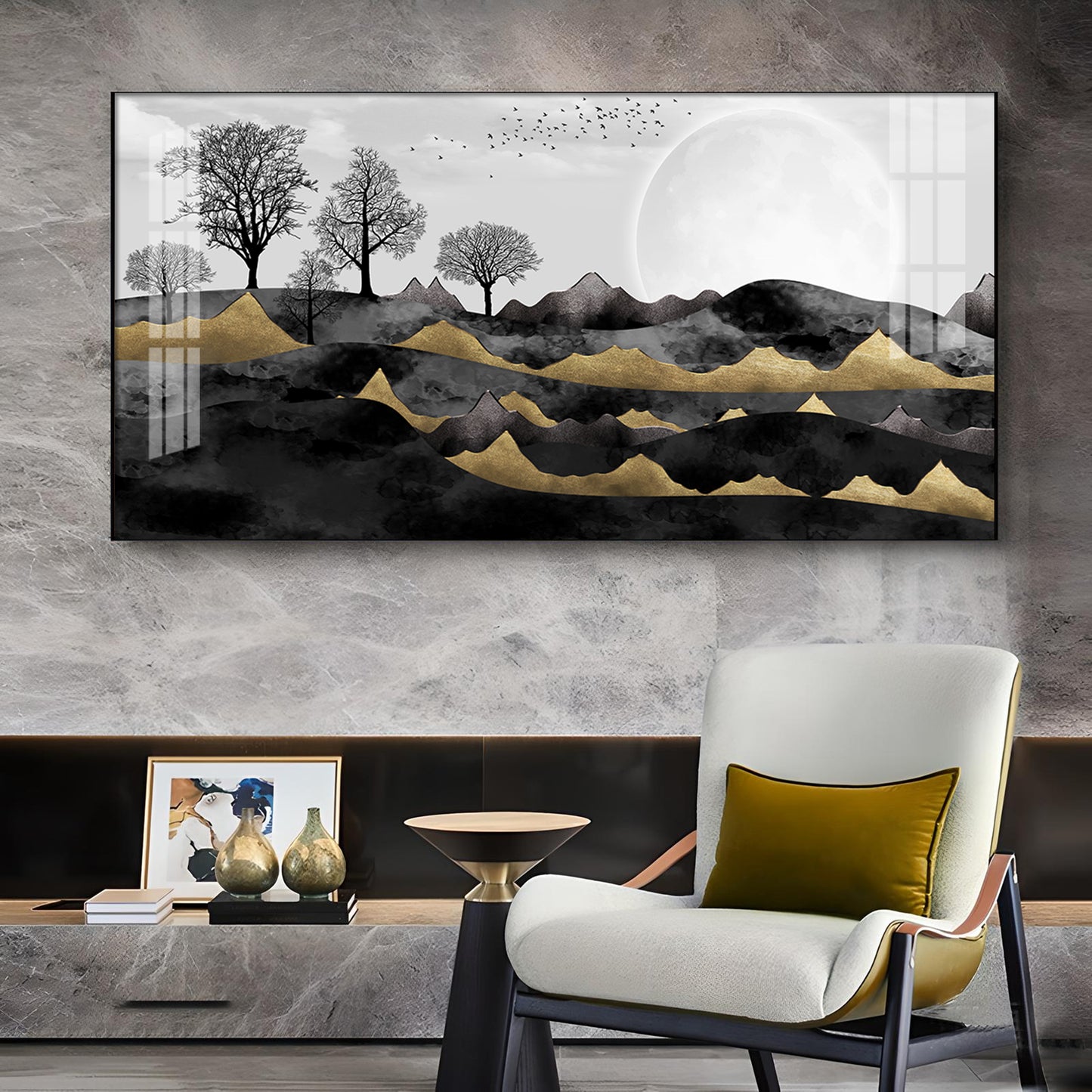 White Sun With Birds Glass Finish Horizontal Wall Art