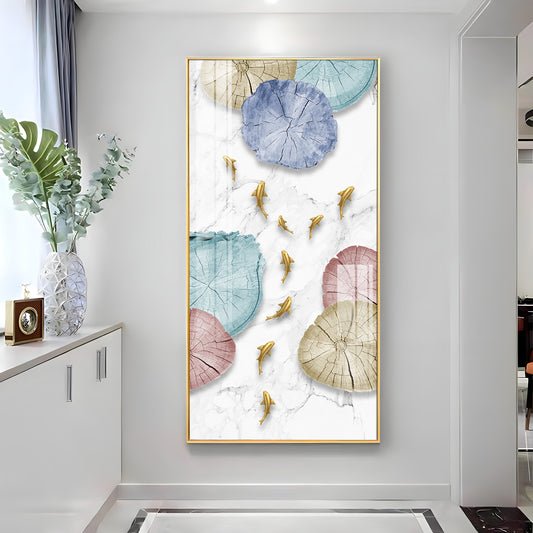 Golden Fish Umbrella Mosaic Glass Finish Vertical Wall Art