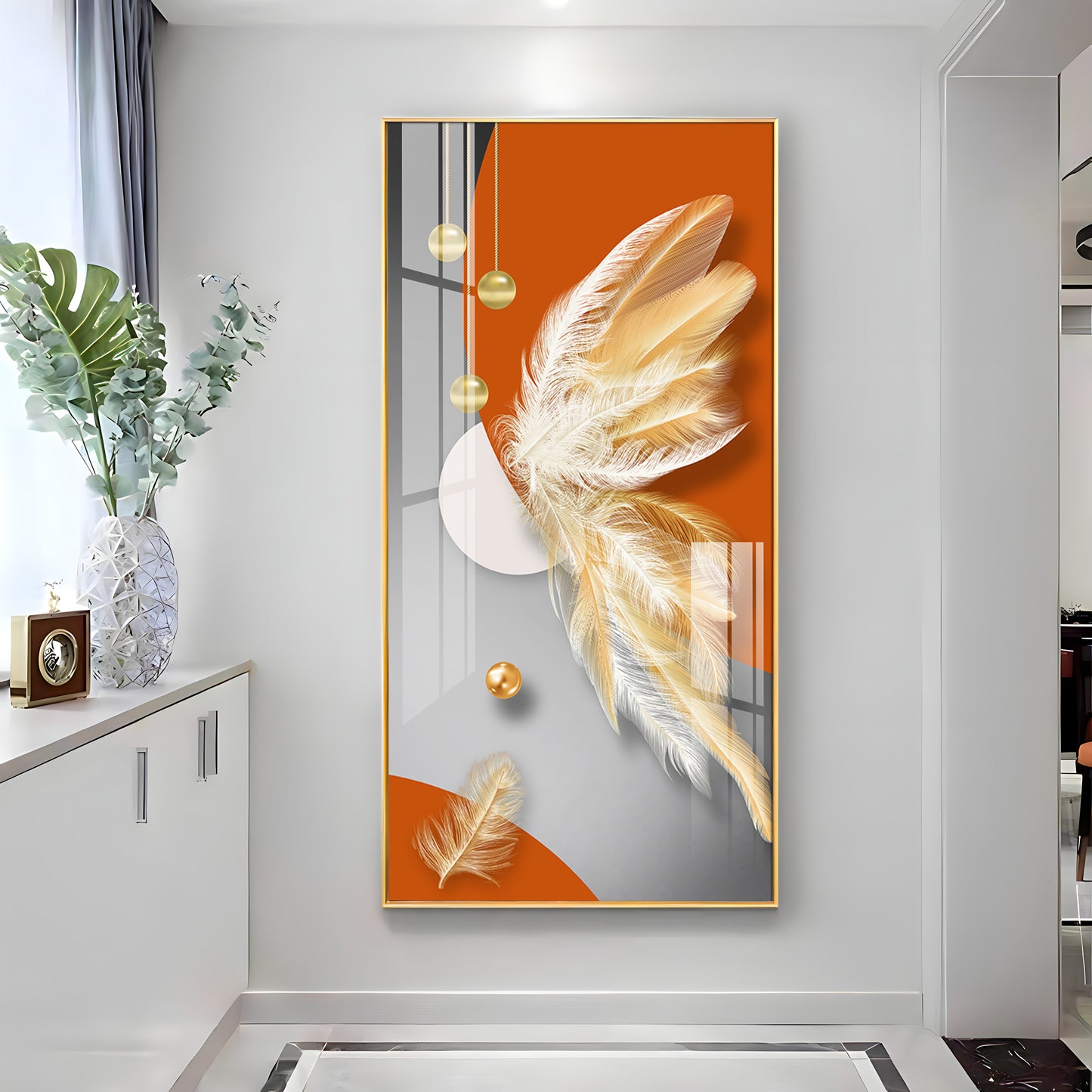 Whimsical Feather Glass Finish Vertical Wall Art