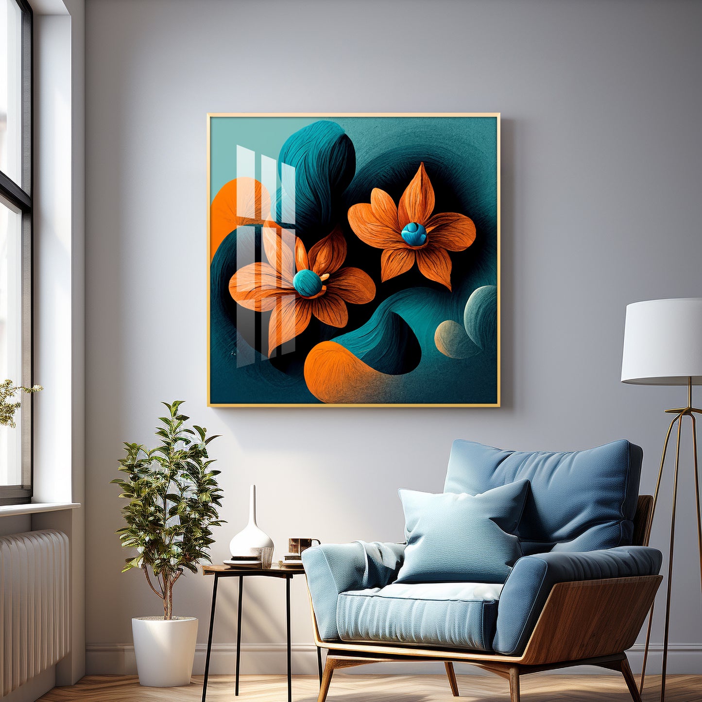 Orange and Blue Blossom Fusion Glass Finish Square Wall Art
