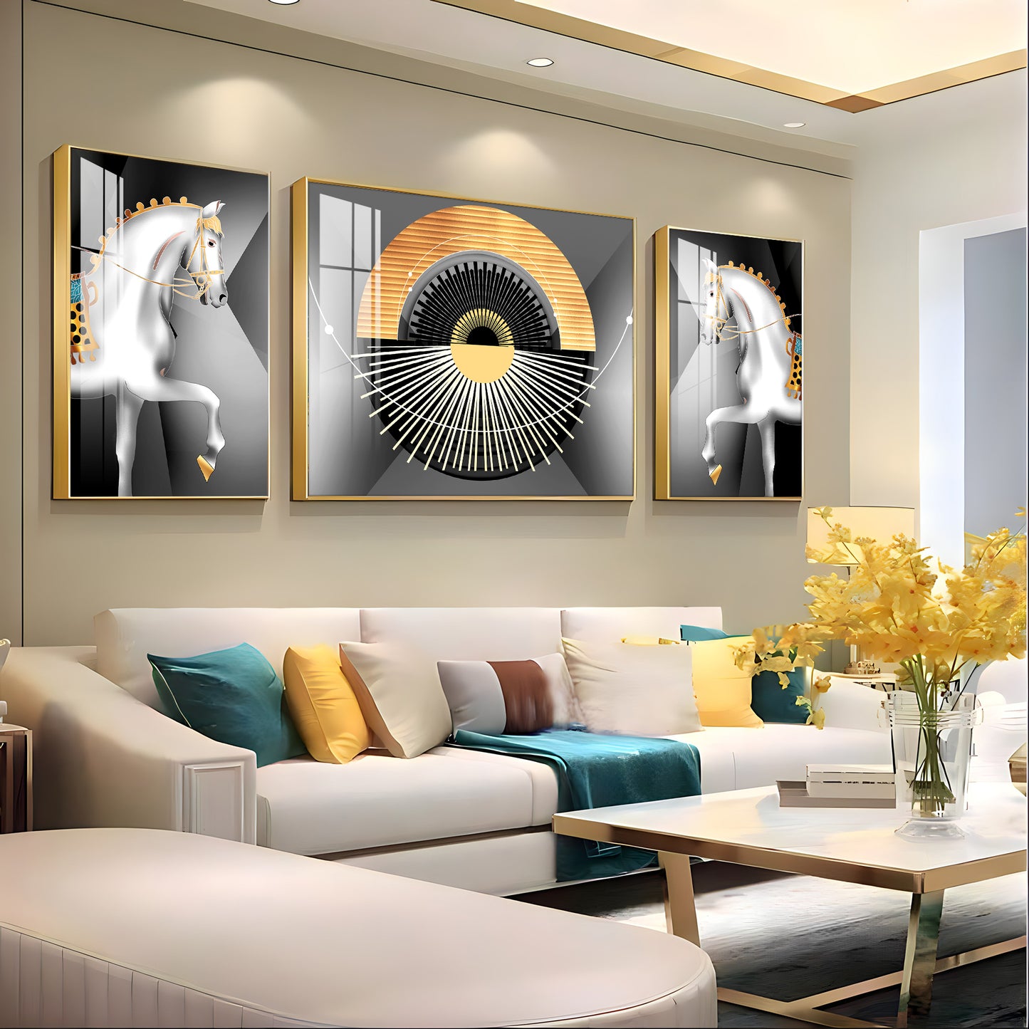White Horse Harmony Glass Finish Wall Art (Set Of 3)