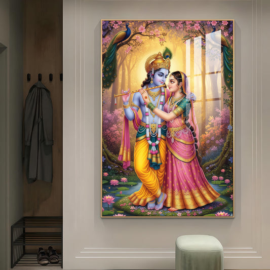 Krishna and Radha Love in Serenity Glass Finish Vertical Wall Art