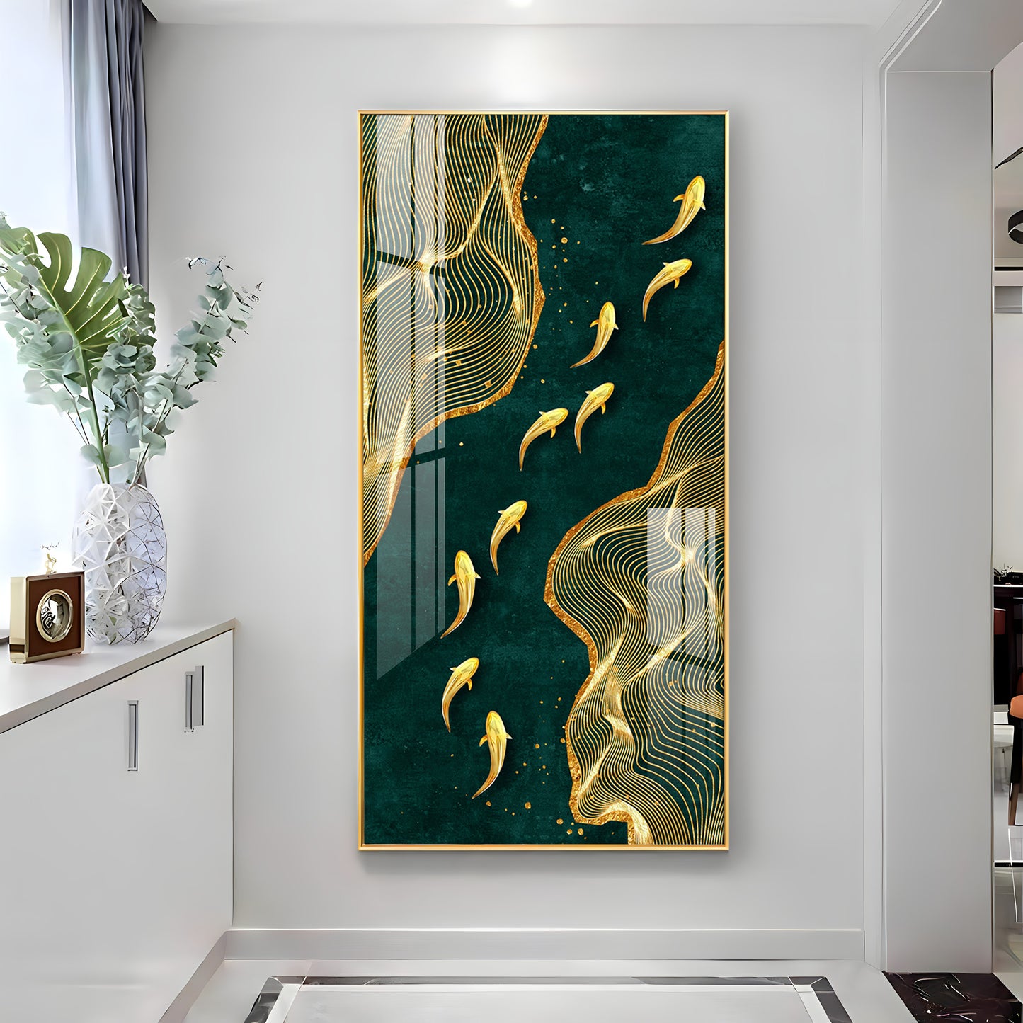 Oceanic Gold Fish Glass Finish Vertical Wall Art