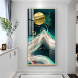Deer with Golden Moon Glass Finish Vertical Wall Art