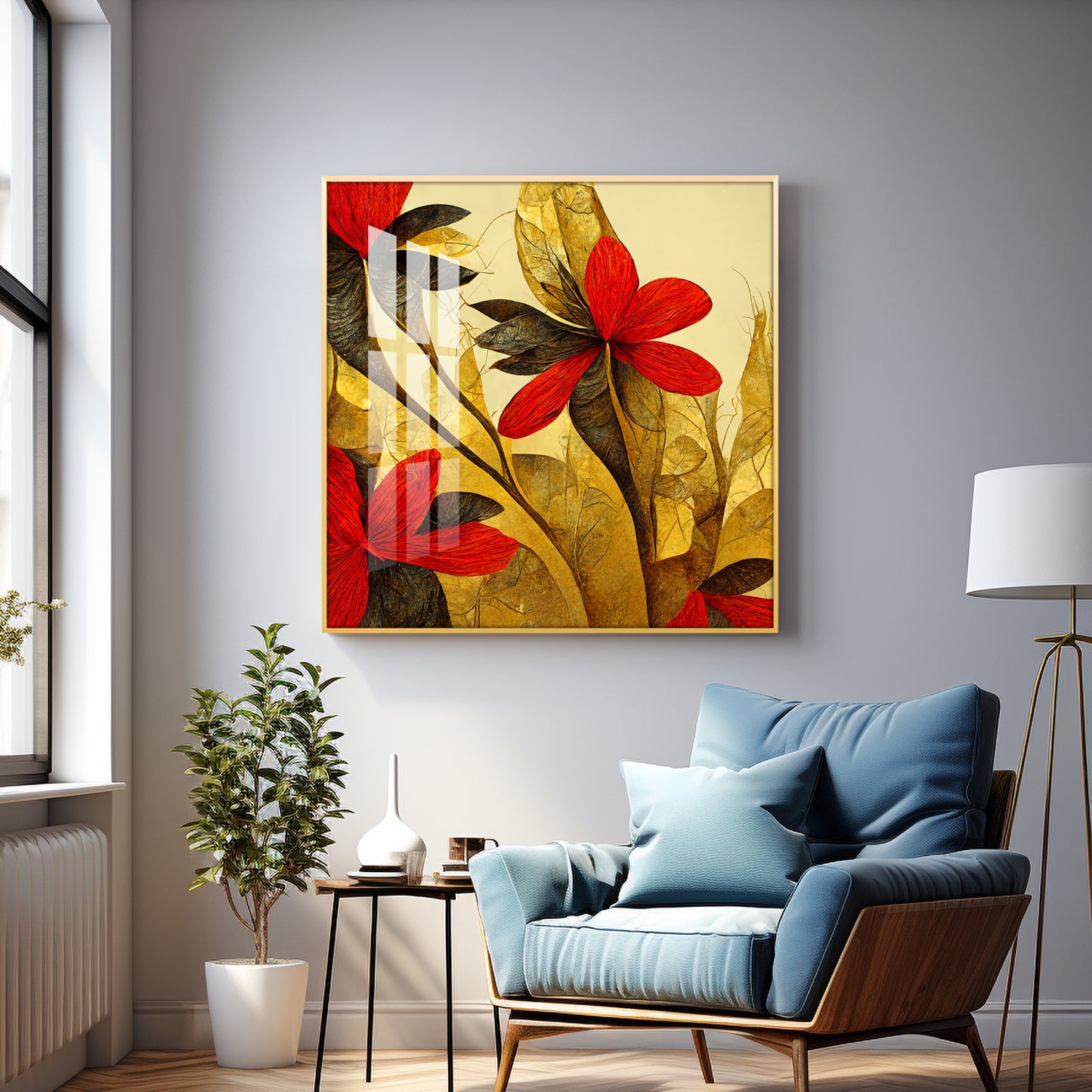 Scarlet Bloom Glass Finish Square Wall Art